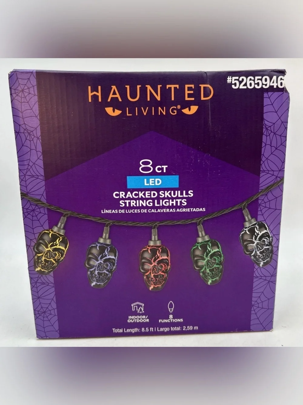 Cracked Skulls Light Strings 8 Ct 7ft LED Plug-In Multicolor Skull Halloween New